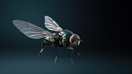 A macro shot of fly on a black background. Live house fly Insect close-up