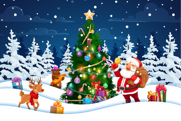 Christmas paper cut winter forest landscape with Santa, pine tree and cartoon animals reindeer and bear. Vector greeting card with Father Noel with jingle bell, 3d layered snowdrifts in night wood