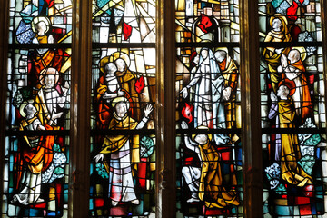 St Nicolas's church, Beaumont le Roger, Eure, France. Stained glass. Pentecost.