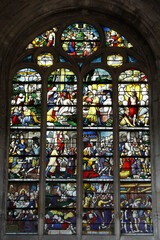 St Nicolas's church, Beaumont le Roger, Eure, France. Stained glass. Easter week.