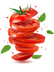 Realistic flying tomato slices with green leaves, isolated vector for food package. Sliced tomato rings with drops splash in motion for tomato juice, sauce or ketchup and vegetable product packaging - obrazy, fototapety, plakaty