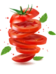 Fotobehang Realistic flying tomato slices with green leaves, isolated vector for food package. Sliced tomato rings with drops splash in motion for tomato juice, sauce or ketchup and vegetable product packaging © Vector Tradition