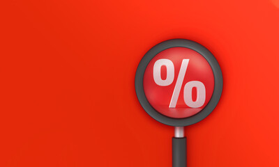 Percentage sign with a magnifying glass looking for discounts.
