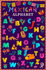 Mexican font, hispanic type, ethnic typeface, cartoon english alphabet. Vector abc letters set. Mexico and latin america typeface, calligraphy font in alebrije style, with bright colors and patterns - obrazy, fototapety, plakaty