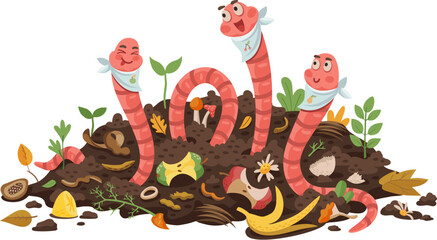 Cartoon funny earth worm characters eating compost or bio organic wastes, vector background. Vermicomposting poster with earthworms in soil humus eat compostable organic garbage or bio food scraps