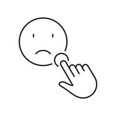 Negative Feedback Line Icon. Customer Satisfaction Concept. Cursor Click On A Sad Face Emoticon Pictogram. Social Media App Review Outline Symbol. Editable Stroke. Isolated Vector Illustration