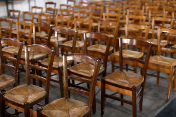 Chairs in Sainte Croix (Holy Cross) church, Bernay, Eure, France.