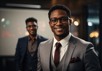 Smart bussinesmen wearing glasses and suit, leader, blurred office on the background
