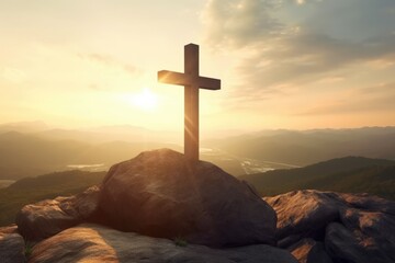 Christian cross on hill. Happy easter. Christian symbol of faith. Crucifix symbol on mountain against sunrise, sunset sky background. Death and resurrection of Jesus Christ - 682207022