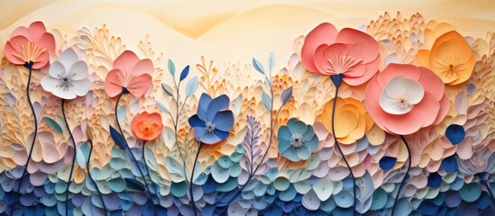 The abstract illustration showcased intricate geometric patterns and vibrant colors, combining the delicate floral textures of nature with a creative blue brush design on textured paper, resulting in
