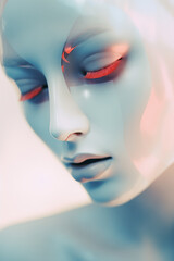 Newly manufactured augmented biomechatronic cyborg  female in stasis - ultra futuristic depiction of possible artificial intelligence humans - idealistic science fiction.  - obrazy, fototapety, plakaty
