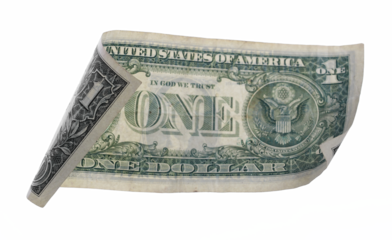 One dollar bill flying isolated on white, clipping
