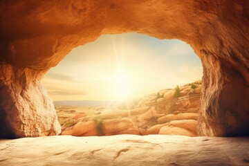 Easter Sunday concept: Jesus Christ is risen from tomb. View from empty cave on Calvary hill to Jerusalem. Christian Easter concept. Church worship, salvation concept - obrazy, fototapety, plakaty