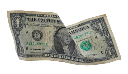 One dollar bill flying isolated on white, clipping