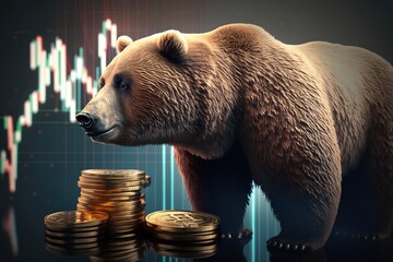 Bitcoin coin with bear and stock chart. Bearish market crash of - obrazy, fototapety, plakaty