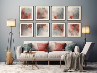 Light Gray Wall with Six Vertical Paintings - Mockup Illustration Generative AI
