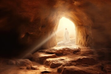 Empty tomb with shroud in Calvary hill. Christian Easter concept. Resurrection of Jesus Christ at morning sunrise. Church worship, salvation concept - 682208420