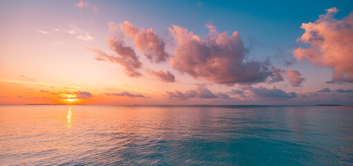 Panoramic sea skyline beach. Amazing sunrise beach landscape. Panorama tropical beach reflection...