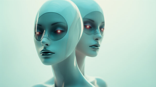 Newly augmented synthetic biomechatronic android robotic female twins - ultra futuristic depiction of possible artificial intelligence replacement of humans - science fiction replicants.