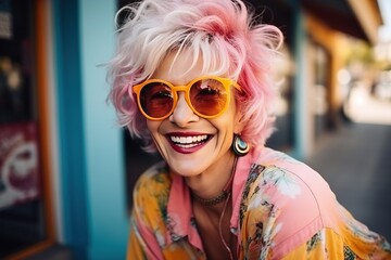 Beautiful and gorgeous smiling, happy and pleasant woman with positive vibes. Human person dressed in fashionable, colorful and fun clothes. Generative AI, AI - obrazy, fototapety, plakaty