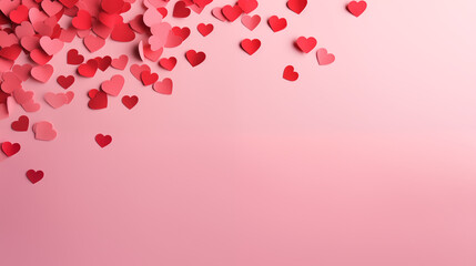 Scattered red hearts on a pink background