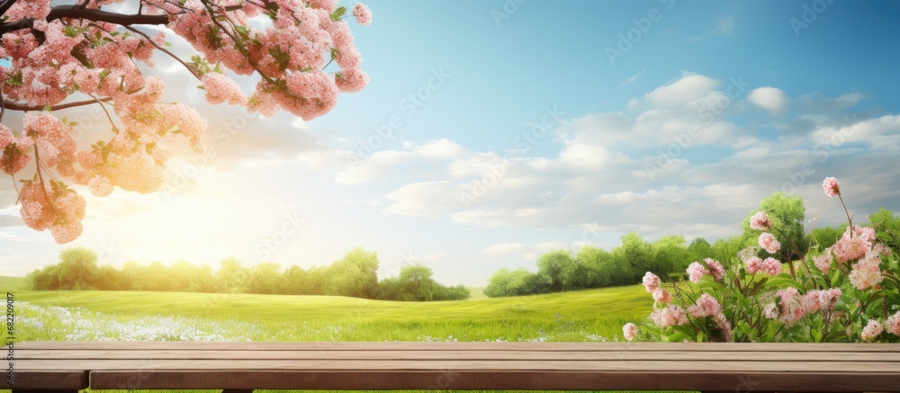 Poster abstract design, a wooden table adorned with a light and airy texture serves as the backdrop for a b