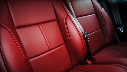 Dark red leather rear passenger seats in a modern luxury car close up
