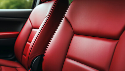 Dark red leather front seats in a modern luxury car close up