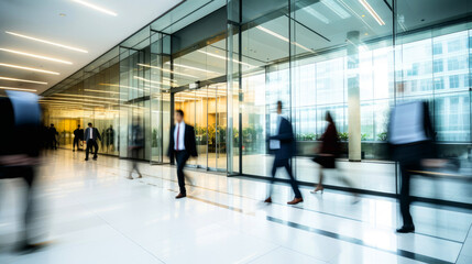Long exposure shot of crowd of business people walking in bright office lobby fast moving with blurry