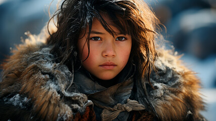 little cute boy in a fur jacket in the snow