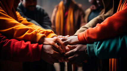 cropped view of multicultural men in hands in autumn