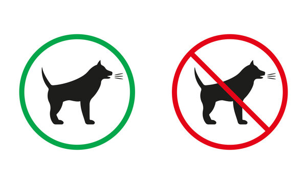 Dog Bark Warning Sign. Angry Pet Silhouette Icons Set. Puppy Noise Allowed, Entry With Aggressive Doggy Prohibited Symbol. Isolated Vector Illustration