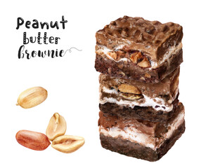 Watercolor illustration of peanut butter brownie dessert close up. Design template for packaging, menu, postcards.