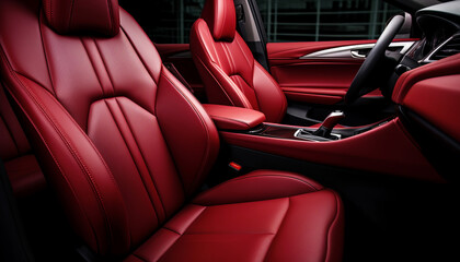 Interior of a modern luxury car in dark red tonesar - obrazy, fototapety, plakaty