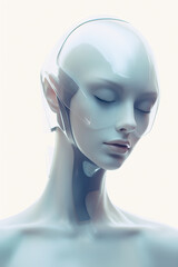 Newly manufactured augmented biomechatronic cyborg  female in stasis - ultra futuristic depiction of possible artificial intelligence humans - idealistic science fiction.  - obrazy, fototapety, plakaty