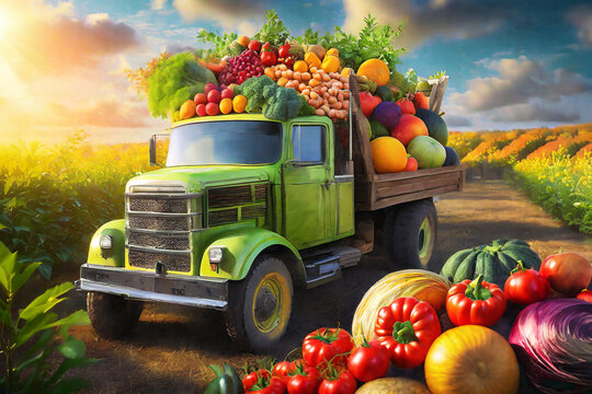 A truck loaded with healthy fruits and vegetables in a harvest field.