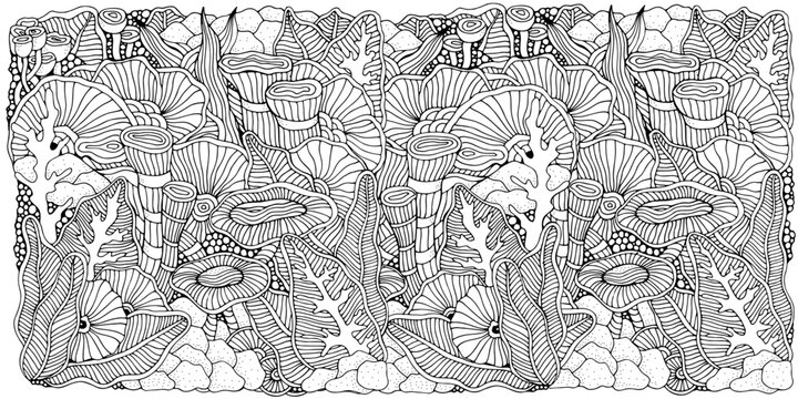 Stressrelief, horizontal ethnic abstract background. Hand-drawn, floral, retro, doodle, vector, zentangle design element. Adult coloring book page. 