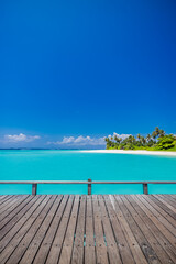 Summer beautiful landscape, nature of tropical beach with wooden platform, sunlight. White sand...
