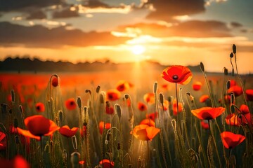 Beautiful nature background with red poppy flower poppy in the sunset in the field. Remembrance day, Veterans day, lest we forget concept