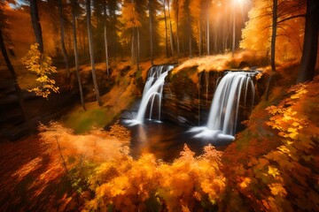 Fototapeta na wymiar Golden autumn. Waterfall Keila - Joa top view. Attraction in Estonia. Autumn