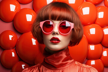 Fashion Forward: A Stylish Woman Rocking Red Sunglasses and Posing Against a Vibrant Red Background. A fashion model wearing a red dress with red sunglasses on a red background - obrazy, fototapety, plakaty