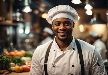 Handsome black men wearing chef costume and hat, vegetable and kitchen equipment on the background