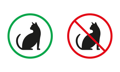 Entry with Cat Sign. Kitten Sitting Silhouette Icons Set. Pet Allowed, Animal Prohibited Symbols. Walk with Pussycat Rule. Isolated Vector Illustration