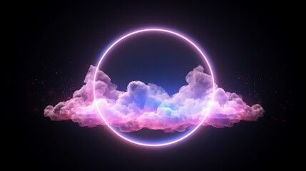 Vibrant Neon Circle Amidst Clouds, Colorful and Ethereal, Luminescent with a Glowing