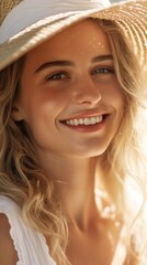 Beautiful Smiling Blond Woman, Radiant and Joyful, Wearing an Elegant White Summerhat