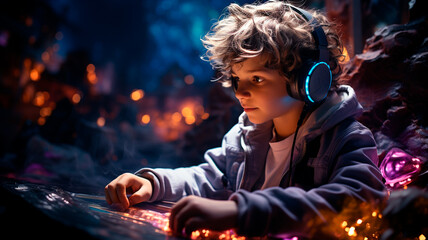 boy using headphones at night. - obrazy, fototapety, plakaty