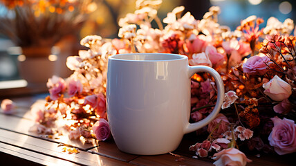 pink tea cup with flowers - obrazy, fototapety, plakaty