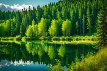 A breathtaking panoramic view of a beautiful forest lake in the heart of Russia. The lush greenery of the forest surrounds the pristine lake, creating a picturesque and serene scene