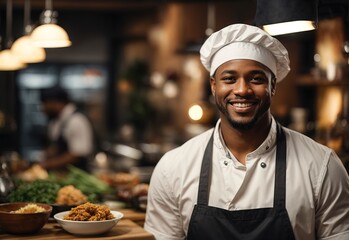 Handsome black men wearing casual clothes with apron and chef hat, soup in a bowl and fried chicken...