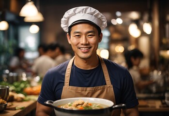 Handsome asian men wearing casual clothes with apron and chef hat, soup in a bowl and fried chicken on the background